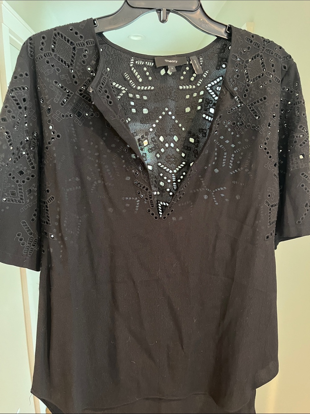 Theory Black Eyelet V-Neck Short Sleeve Blouse